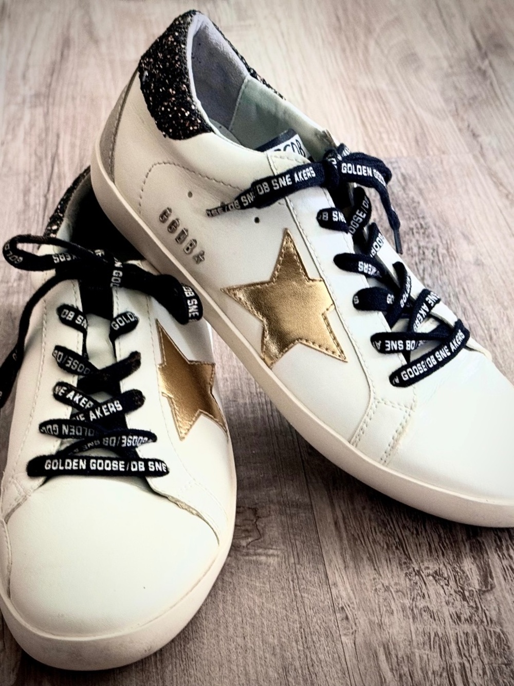 NEW GOLDEN GOOSE SUPERSTAR SNEAKERS /GOLD METALLIC STAR BLK.GLITTER HEELS SZ 7.5